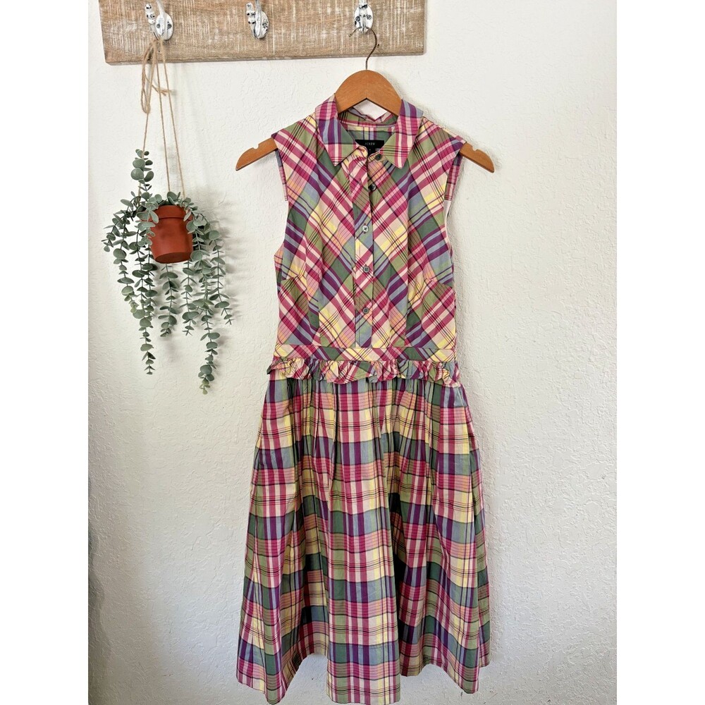 J.Crew Madras Plaid Sleeveless Ruffle Drop Waist Dress Size 4 Pink Green Cotton